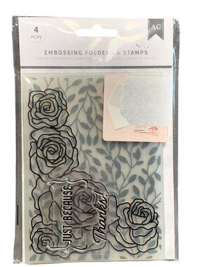 Embossing Folders & Stamps Set 4 Pc Floral & Leaves Design "Just Because" & "Tha